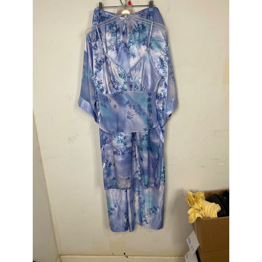 California Dynasty 3pc Pajama Set Floral Satin Camisole Pants Robe Blue L/M